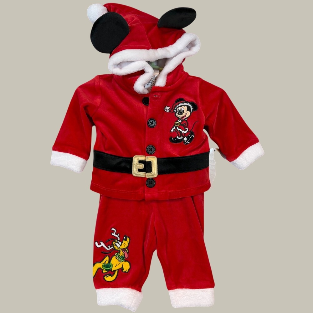 NWT Disney Baby Mickey Mouse Santa Suit Red Velour Hooded Jacket Pants Set 0-3M
